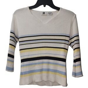 Arizona Jean Co. Striped Knit Top V-Neck 3/4‎ Sleeve Pullover Sweater Medium